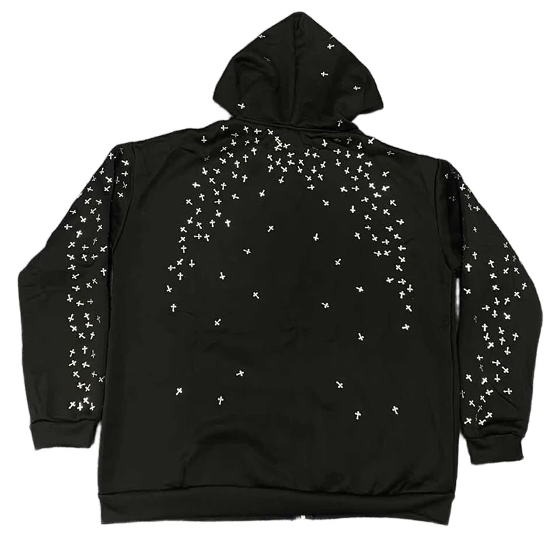 Chic Unisex Starry Sky Rhinestone Hoodie Women Modern Padded Shoulder Zipper Long Sleeve Jacket Street Casual Lady Sweatshirt