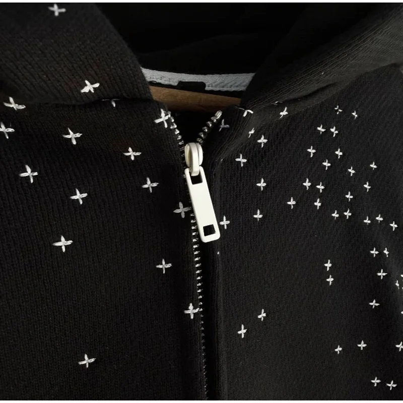 Chic Unisex Starry Sky Rhinestone Hoodie Women Modern Padded Shoulder Zipper Long Sleeve Jacket Street Casual Lady Sweatshirt