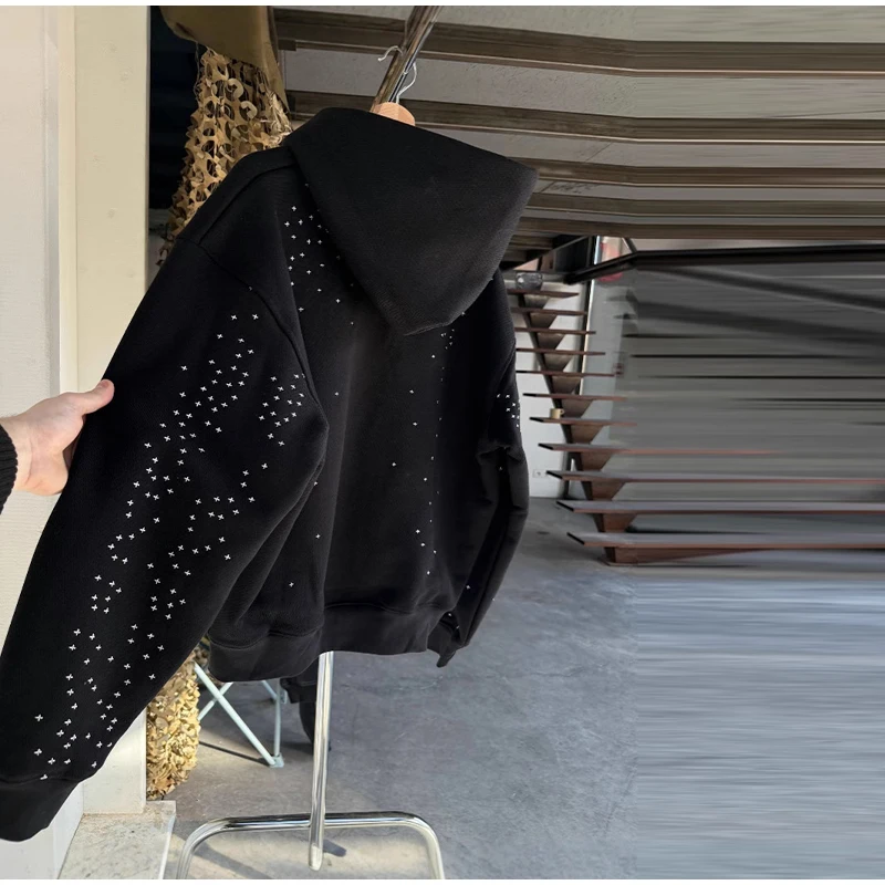 Chic Unisex Starry Sky Rhinestone Hoodie Women Modern Padded Shoulder Zipper Long Sleeve Jacket Street Casual Lady Sweatshirt