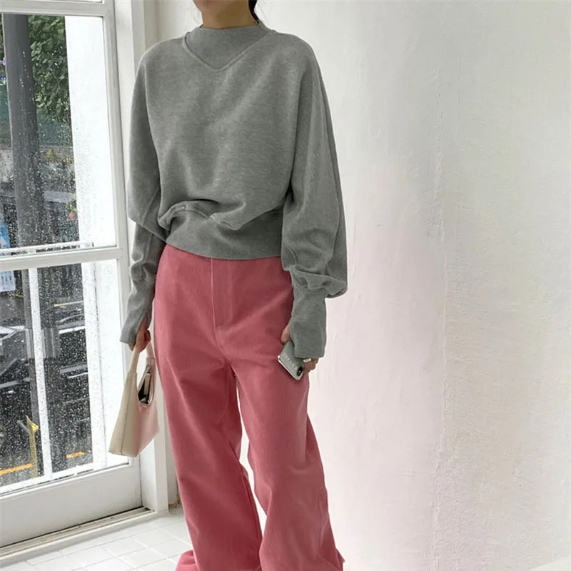Fashion Waist Cinched Cropped Sweatshirts Women Autumn Harajuku Casual Oversized Pullover Lady Gray Long Sleeve Crewneck Hoodies