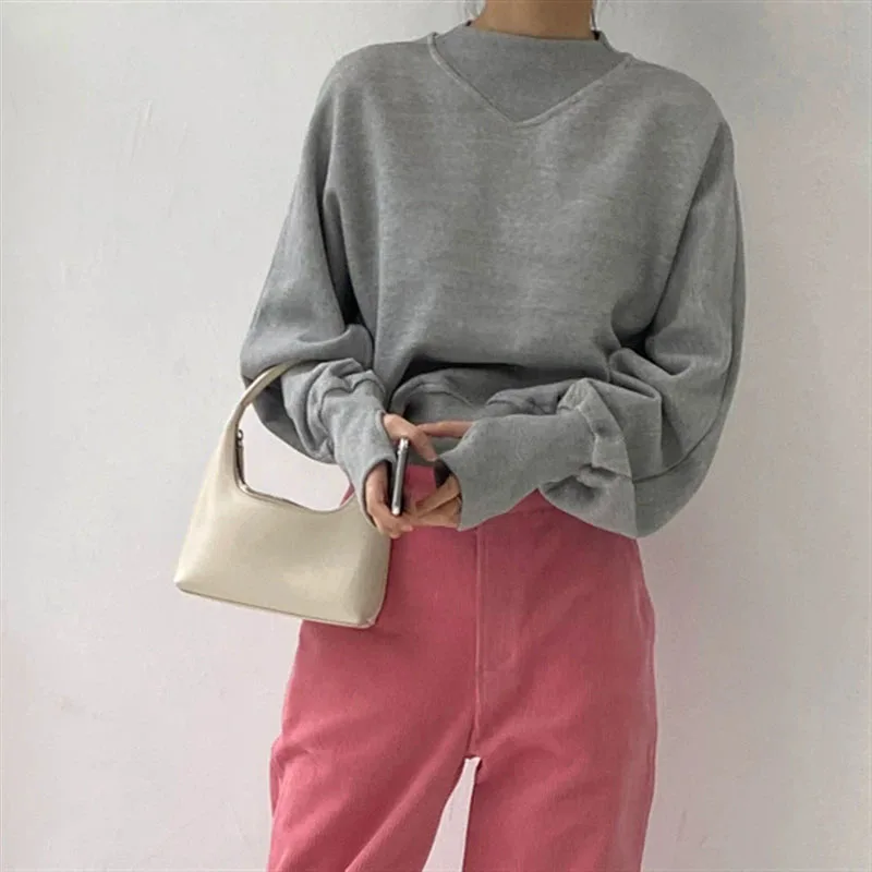 Fashion Waist Cinched Cropped Sweatshirts Women Autumn Harajuku Casual Oversized Pullover Lady Gray Long Sleeve Crewneck Hoodies