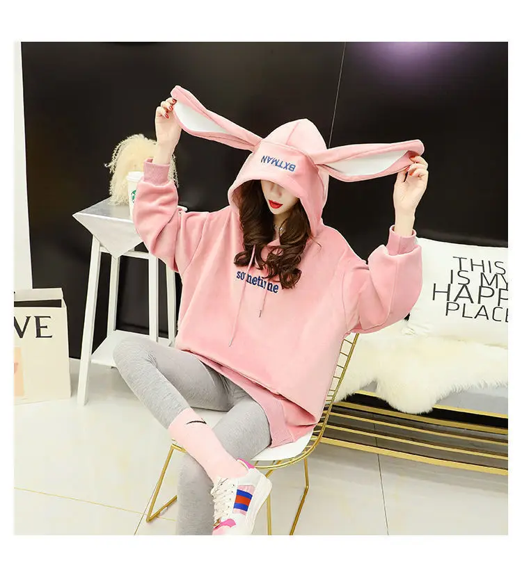 Autumn Sweet Women Hoodies Korean Style Fashion Cute Rabbit Ears Hooded Pullovers Loose Long Sleeve Kawaii Sweatshirts Female