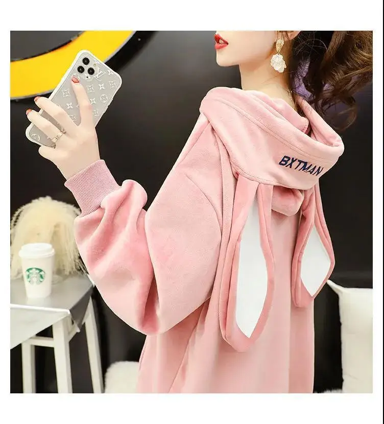 Autumn Sweet Women Hoodies Korean Style Fashion Cute Rabbit Ears Hooded Pullovers Loose Long Sleeve Kawaii Sweatshirts Female