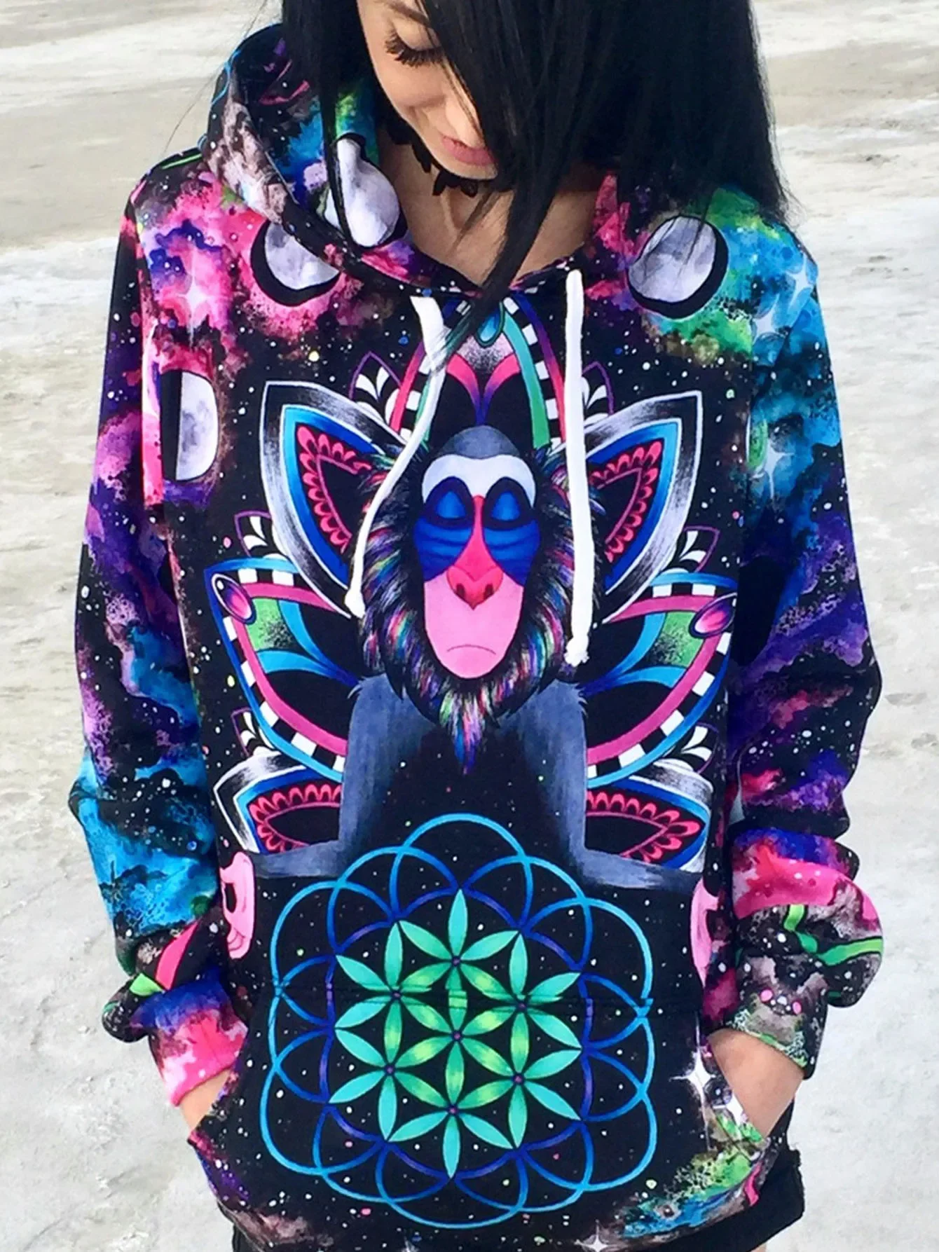 3D Graphic Print Drawstring Loose Hoodie Casual Hooded Pocket Fashion Long Sleeve Sweatshirt Women's Clothing