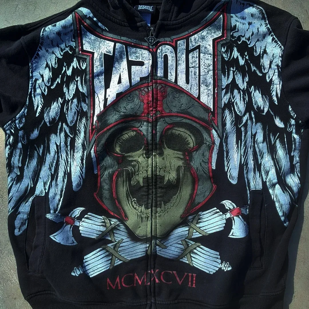 Harajuku Tapout Zipper Skull Print Oversized Hoodies Women Hip hop Fashion Sweater American Y2k Tops Vintage Gothic Streetwear