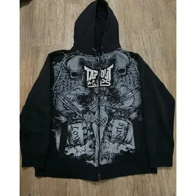 Harajuku Tapout Zipper Skull Print Oversized Hoodies Women Hip hop Fashion Sweater American Y2k Tops Vintage Gothic Streetwear