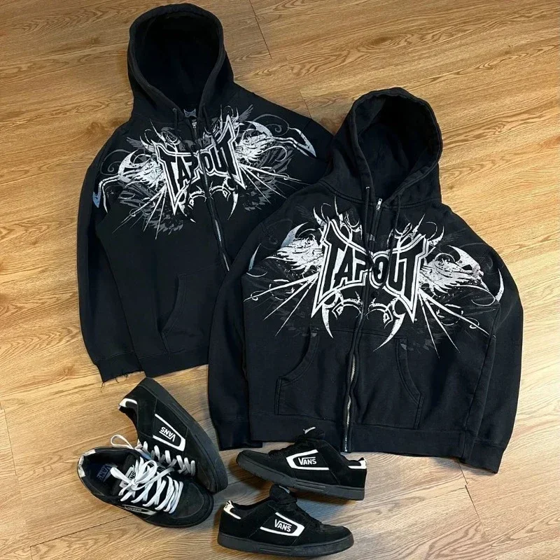 Harajuku Tapout Zipper Skull Print Oversized Hoodies Women Hip hop Fashion Sweater American Y2k Tops Vintage Gothic Streetwear