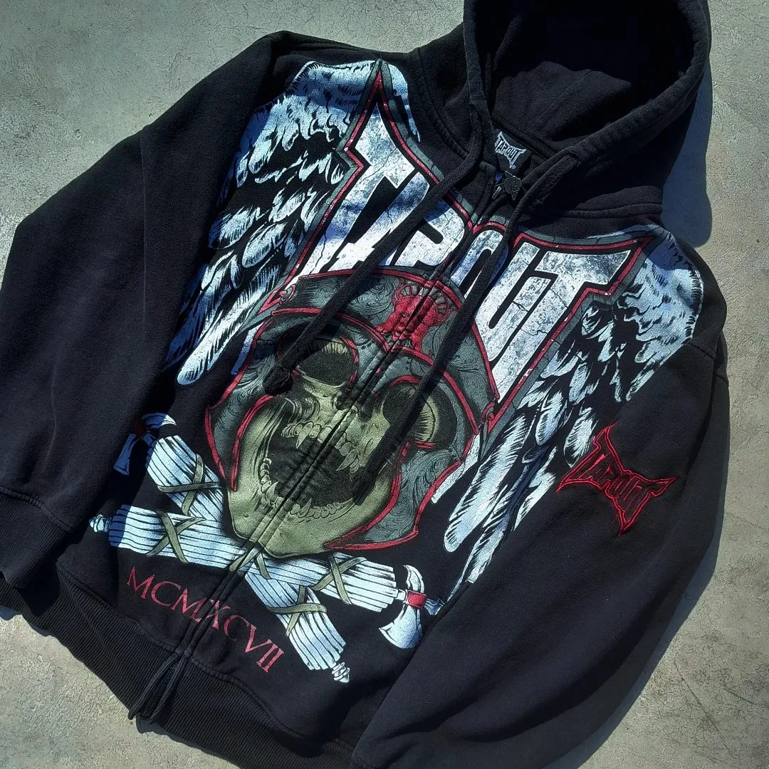 Harajuku Tapout Zipper Skull Print Oversized Hoodies Women Hip hop Fashion Sweater American Y2k Tops Vintage Gothic Streetwear