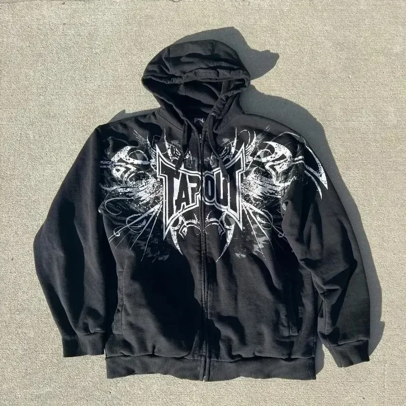 Harajuku Tapout Zipper Skull Print Oversized Hoodies Women Hip hop Fashion Sweater American Y2k Tops Vintage Gothic Streetwear