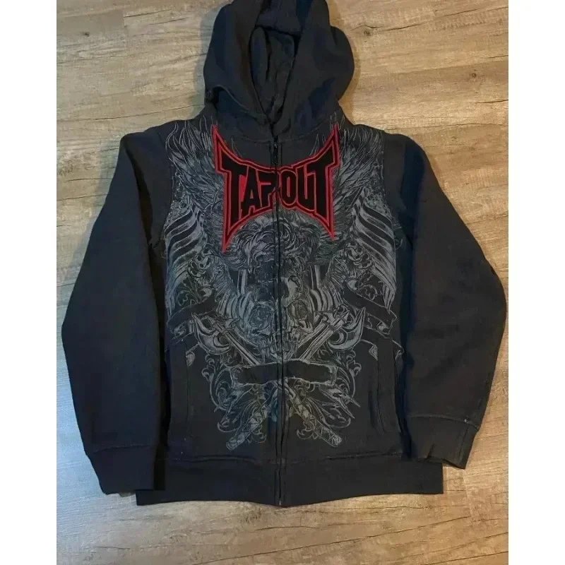 Harajuku Tapout Zipper Skull Print Oversized Hoodies Women Hip hop Fashion Sweater American Y2k Tops Vintage Gothic Streetwear