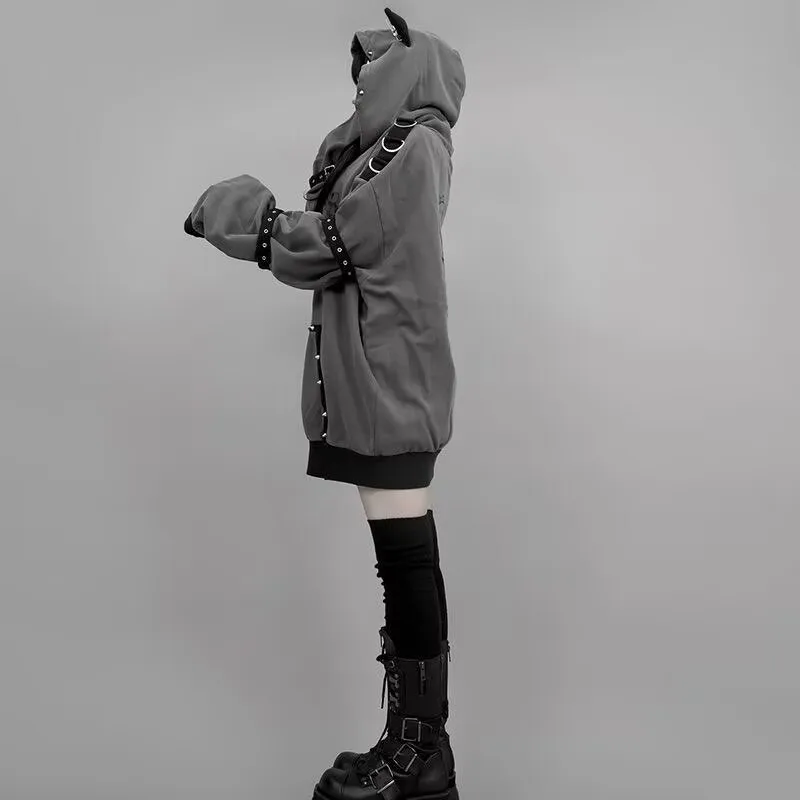 Darkly Series Subculture Rivet Cat's Ears Hoodie Sweet Girl Long Sleeved Retro Gothic Style Clothes Autumn New Zip Up Sweatshirt