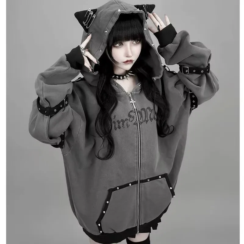 Darkly Series Subculture Rivet Cat's Ears Hoodie Sweet Girl Long Sleeved Retro Gothic Style Clothes Autumn New Zip Up Sweatshirt