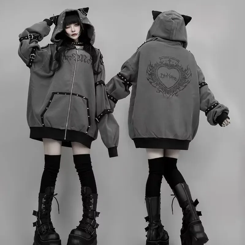 Darkly Series Subculture Rivet Cat's Ears Hoodie Sweet Girl Long Sleeved Retro Gothic Style Clothes Autumn New Zip Up Sweatshirt