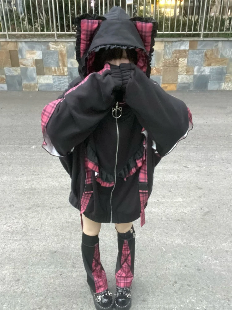 Japanese Sweet Hoodies Cat's Ears Plaid Ruffles Thicken + Leg Warmers Sweatshirts Coats Y2k Aesthetics Punk Women's Clothing