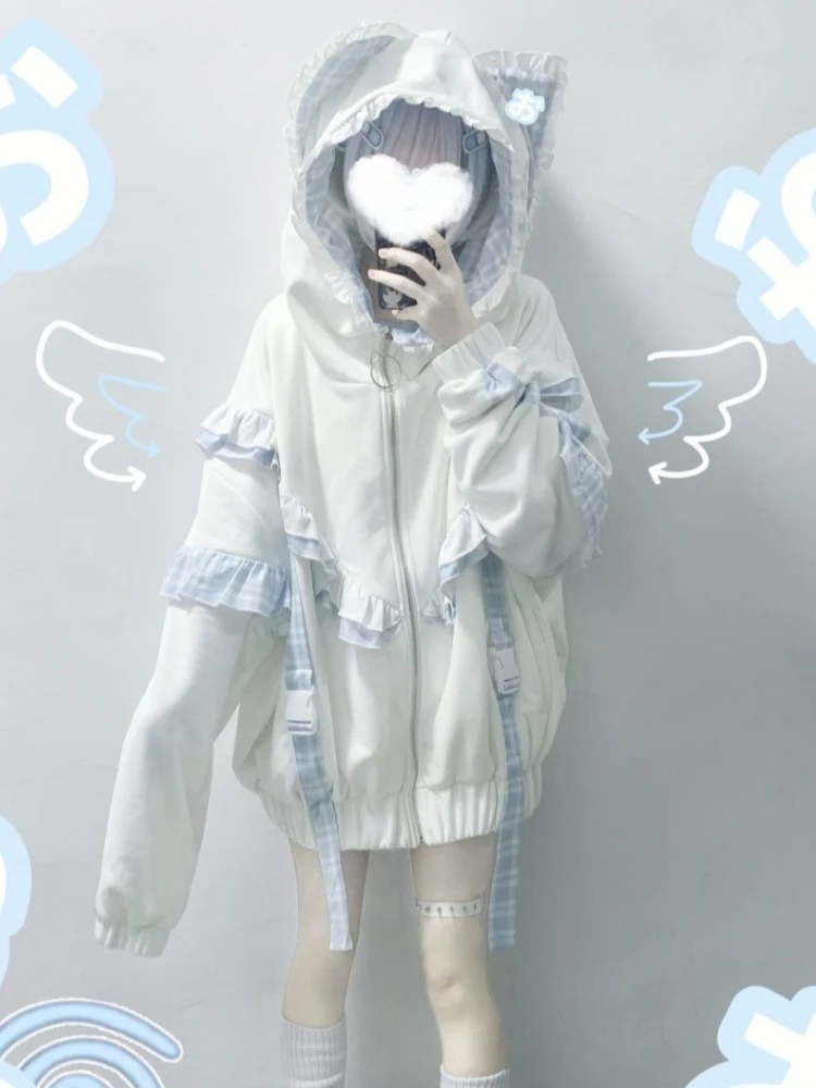 Japanese Sweet Hoodies Cat's Ears Plaid Ruffles Thicken + Leg Warmers Sweatshirts Coats Y2k Aesthetics Punk Women's Clothing