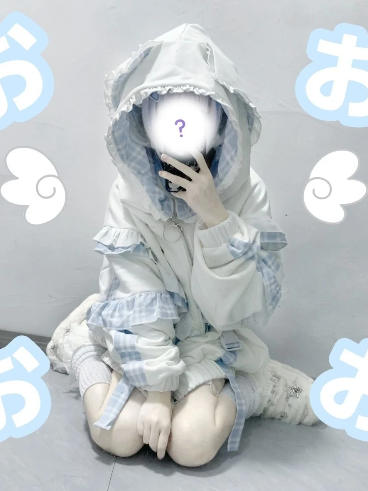 Japanese Sweet Hoodies Cat's Ears Plaid Ruffles Thicken + Leg Warmers Sweatshirts Coats Y2k Aesthetics Punk Women's Clothing