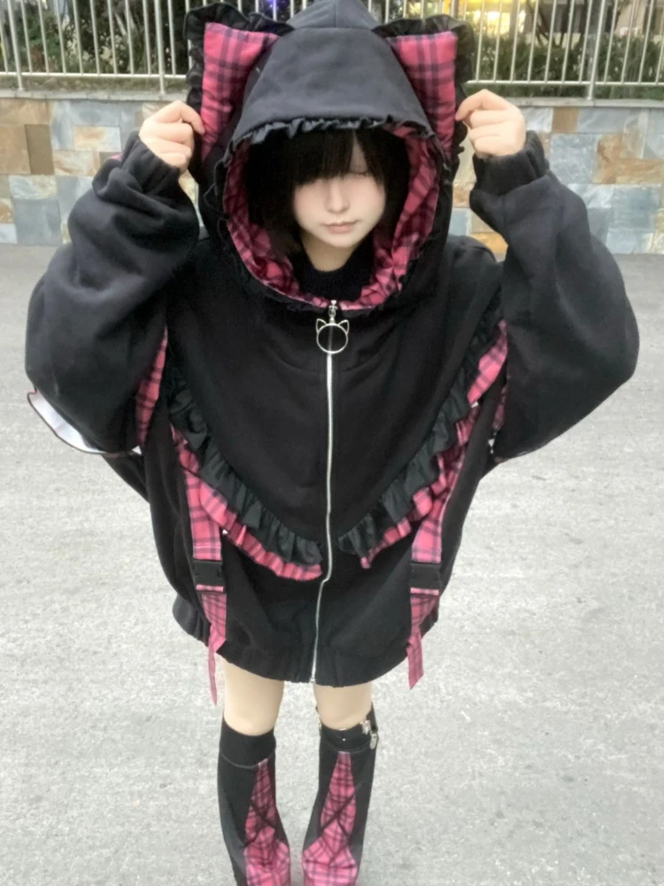 Japanese Sweet Hoodies Cat's Ears Plaid Ruffles Thicken + Leg Warmers Sweatshirts Coats Y2k Aesthetics Punk Women's Clothing