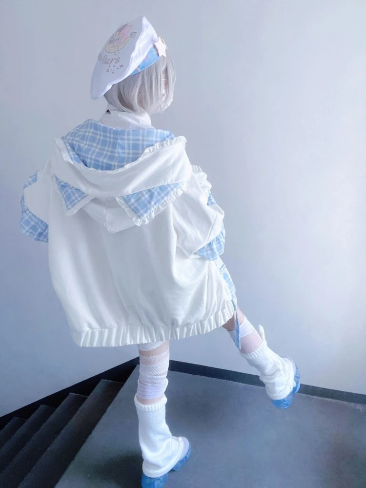Japanese Sweet Hoodies Cat's Ears Plaid Ruffles Thicken + Leg Warmers Sweatshirts Coats Y2k Aesthetics Punk Women's Clothing