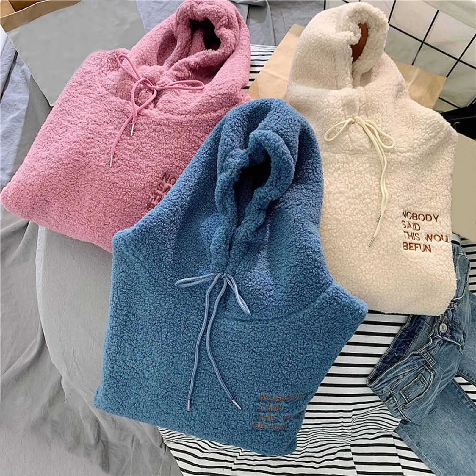 Fluffy Hoodie Top Women Casual Hooded Pullovers V Neck Fleece Sweatshirt Loose Warm Autumn Winter Pullover Top Ropa De Mujer
