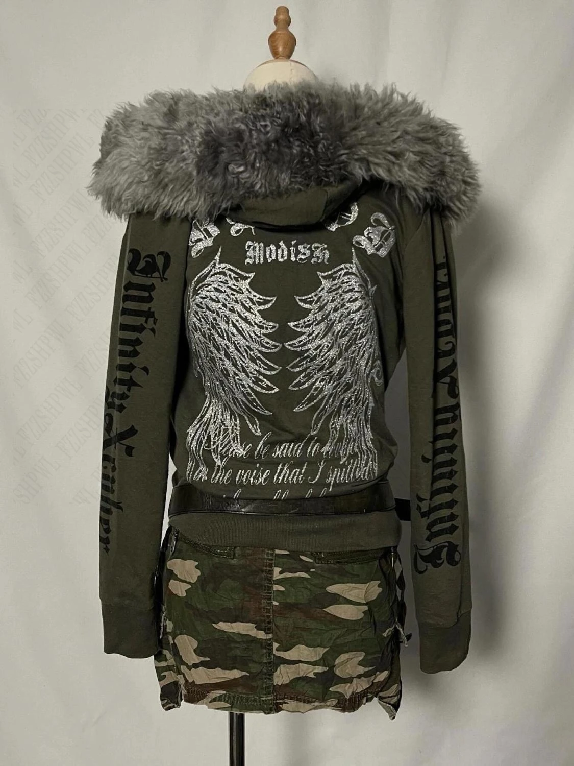 American retro vintage workwear style letter fur collar Gothic punk cardigan hoodie autumn and winter zipper cardigan jacket emo