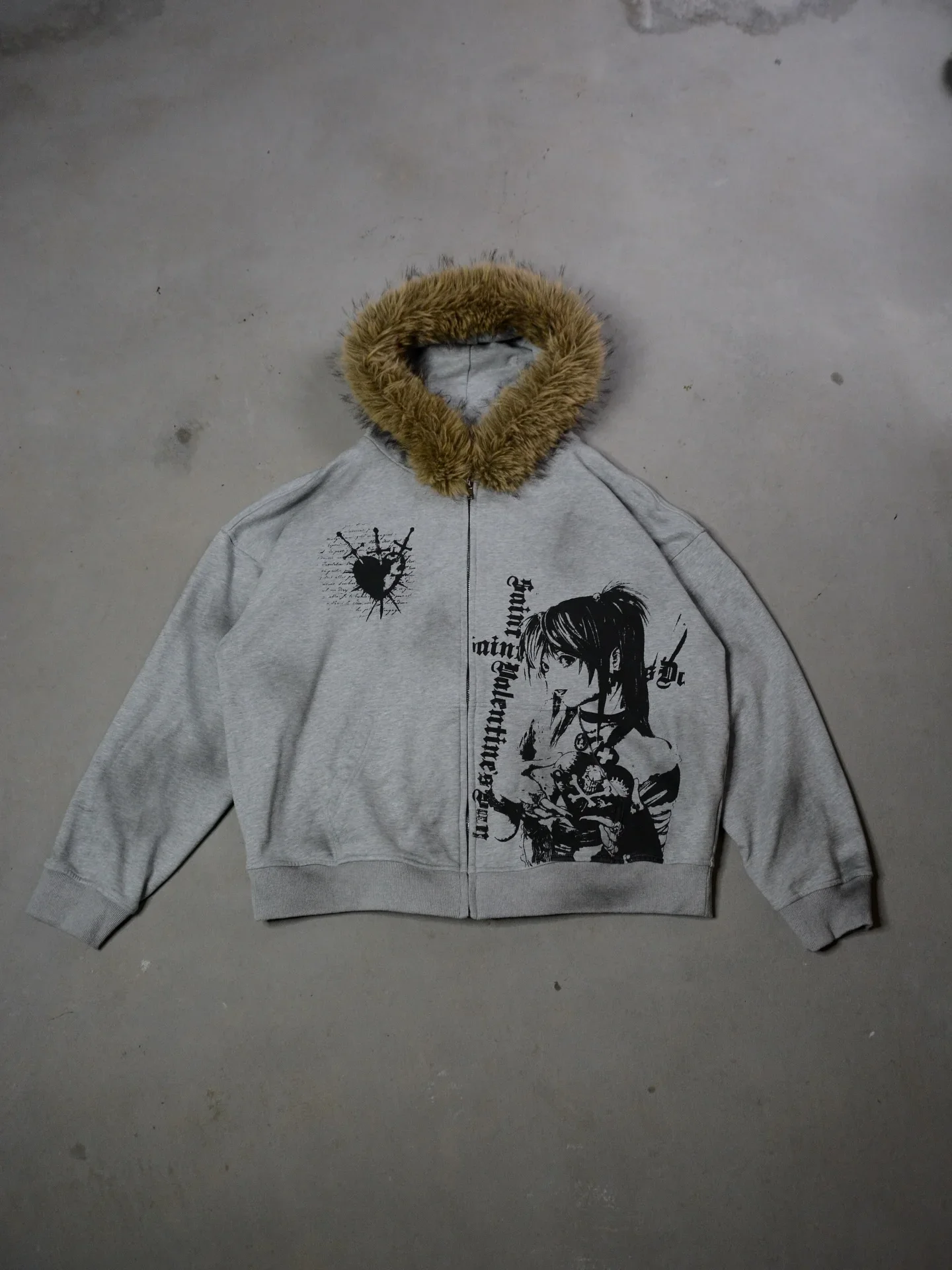 Y2K Retro Womens Gothic Fur Zip Up Hoodie Coats Y2k Vintage Cartoon Print Loose Hoodies Autumn Warm Jacket Men Casual Sweatshirt
