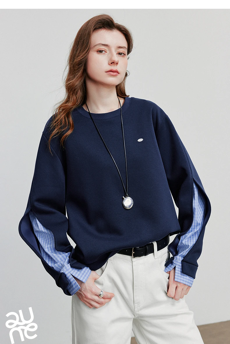 TOYOUTH Women Hoodies Sweatshirt 2025 Autumn New Patchwork Design Round Neck Long Sleeve Pullover Casual Tops