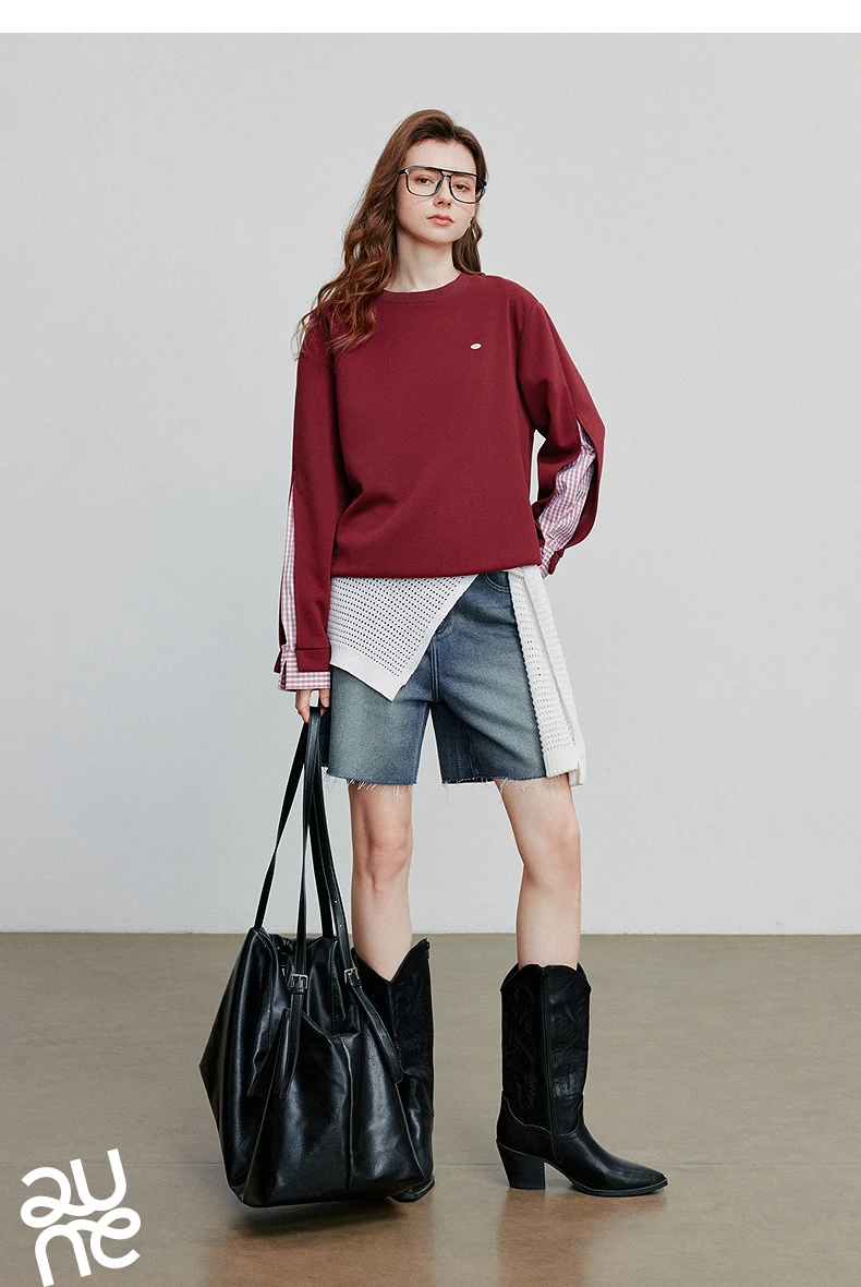 TOYOUTH Women Hoodies Sweatshirt 2025 Autumn New Patchwork Design Round Neck Long Sleeve Pullover Casual Tops