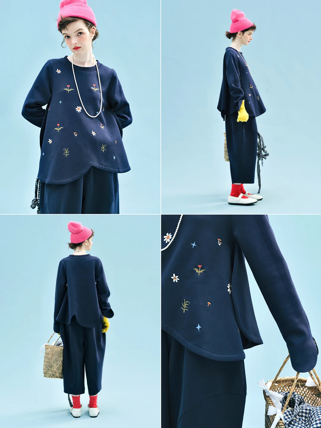 imakokoni Floral Embroidered Petal Hem Loose Sweatshirt Tops Women's Hoodies & Sweatshirts Casual Female Clothing for Women