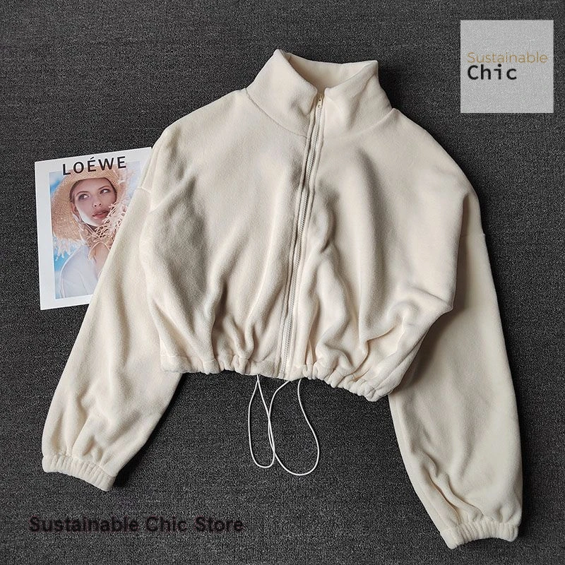Korean sports coat lambswool collar loose drawstring zipper sweater women autumn and winter fashion hot girl warm yoga clothes