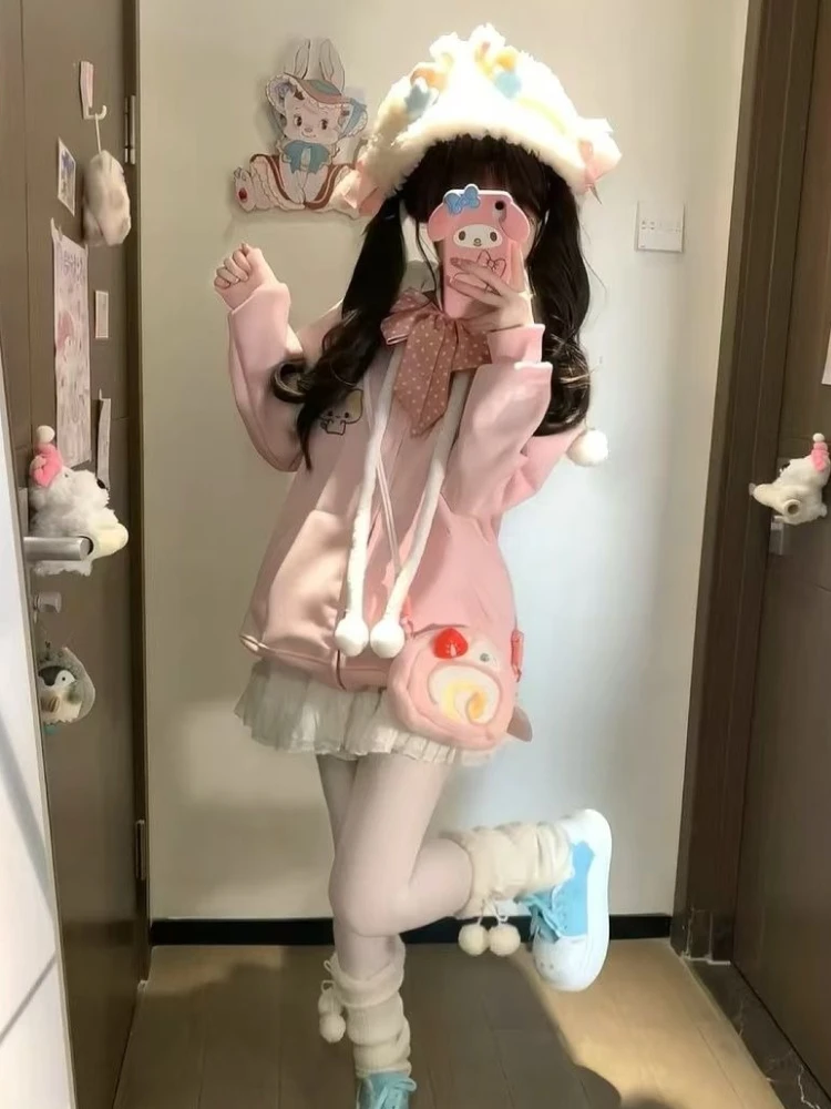 Kawaii Sweet Long Sleeve Hooded Hoodie Autumn New Japanese Pink Loose Lovely Coat Women's Design Warm Pretty Embroidery Overcoat