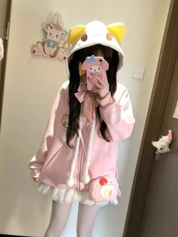 Kawaii Sweet Long Sleeve Hooded Hoodie Autumn New Japanese Pink Loose Lovely Coat Women's Design Warm Pretty Embroidery Overcoat
