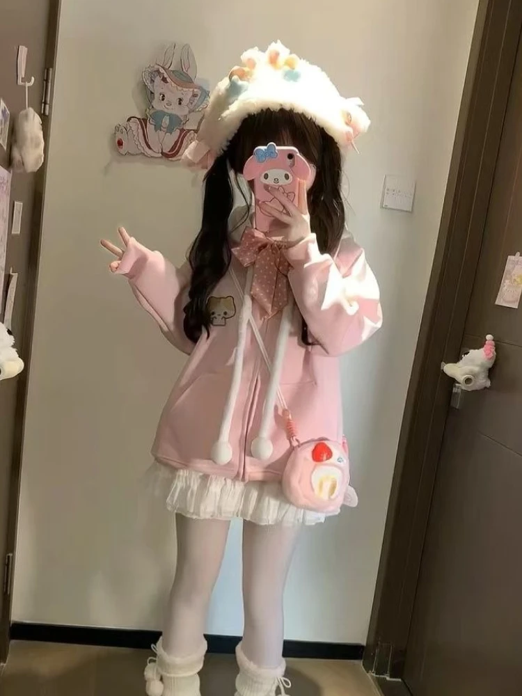 Kawaii Sweet Long Sleeve Hooded Hoodie Autumn New Japanese Pink Loose Lovely Coat Women's Design Warm Pretty Embroidery Overcoat