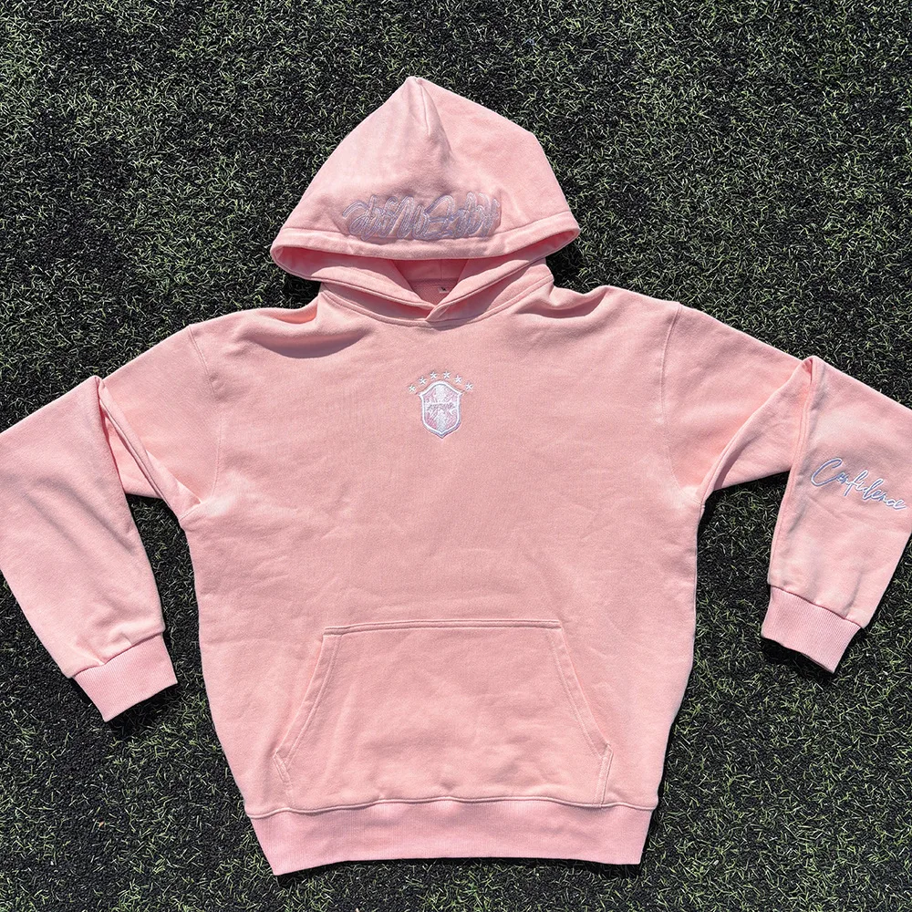 Vintage Letter Embroidered Pink Long Sleeved Pullover Y2K Fashion Personality American Street Autumn Winter Sports Loose Hoodies