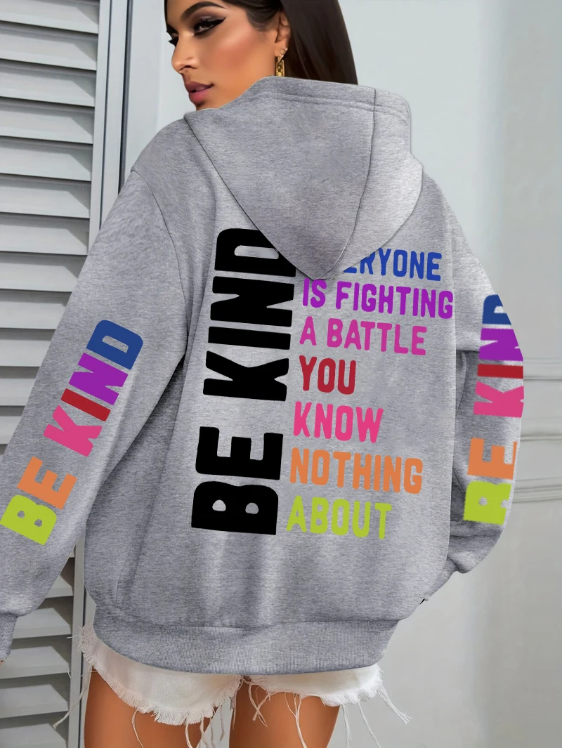 Be Kind Hoodies Women Letter Prints Winter Fleece Warm Hooded Street Pocket Loose Sweatshirts Casual All-match Woman Clothes