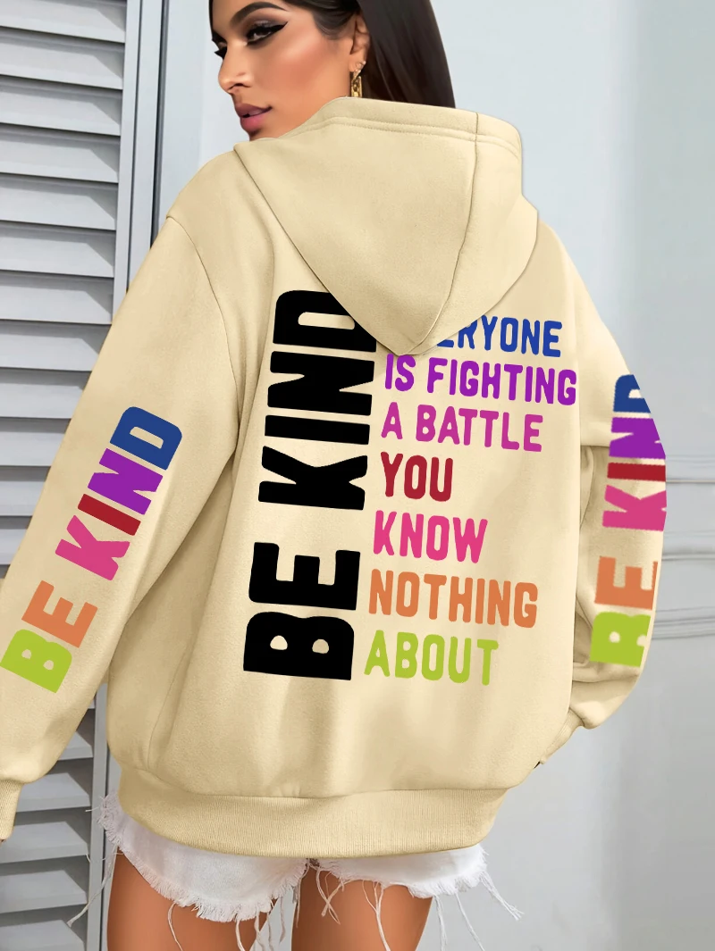 Be Kind Hoodies Women Letter Prints Winter Fleece Warm Hooded Street Pocket Loose Sweatshirts Casual All-match Woman Clothes