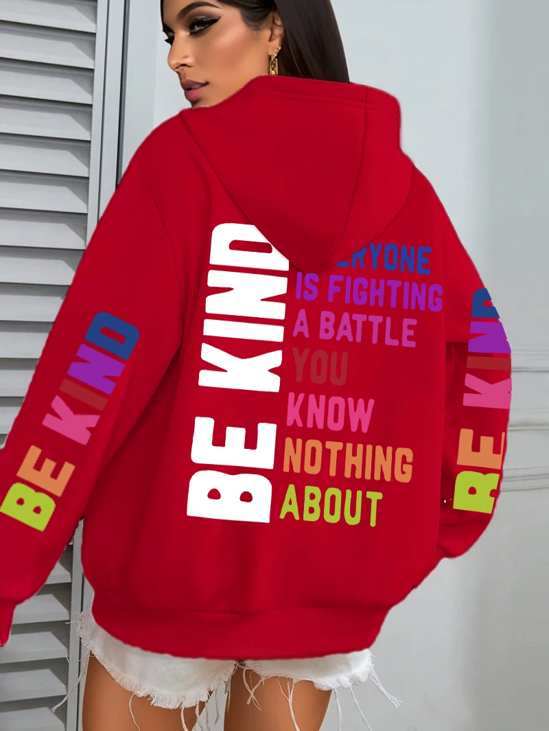 Be Kind Hoodies Women Letter Prints Winter Fleece Warm Hooded Street Pocket Loose Sweatshirts Casual All-match Woman Clothes