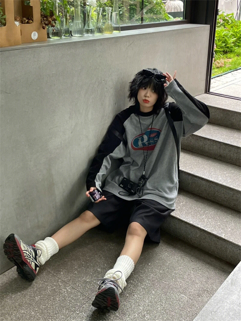 MEXZT Harajuku Gray Long Sleeve T Shirt Women Streetwear Vintage Pullover Sweatshirts Oversized Retro O Neck Patchwork Print Top