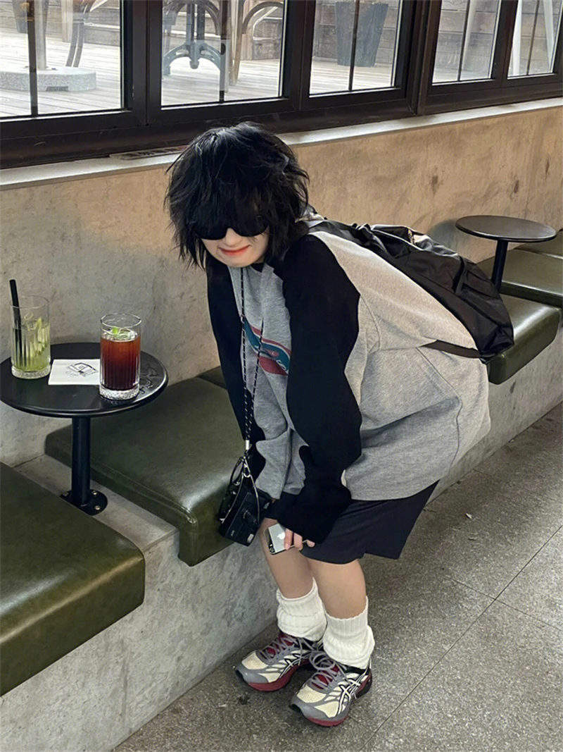 MEXZT Harajuku Gray Long Sleeve T Shirt Women Streetwear Vintage Pullover Sweatshirts Oversized Retro O Neck Patchwork Print Top