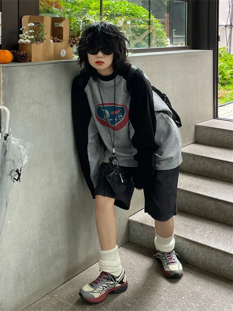 MEXZT Harajuku Gray Long Sleeve T Shirt Women Streetwear Vintage Pullover Sweatshirts Oversized Retro O Neck Patchwork Print Top