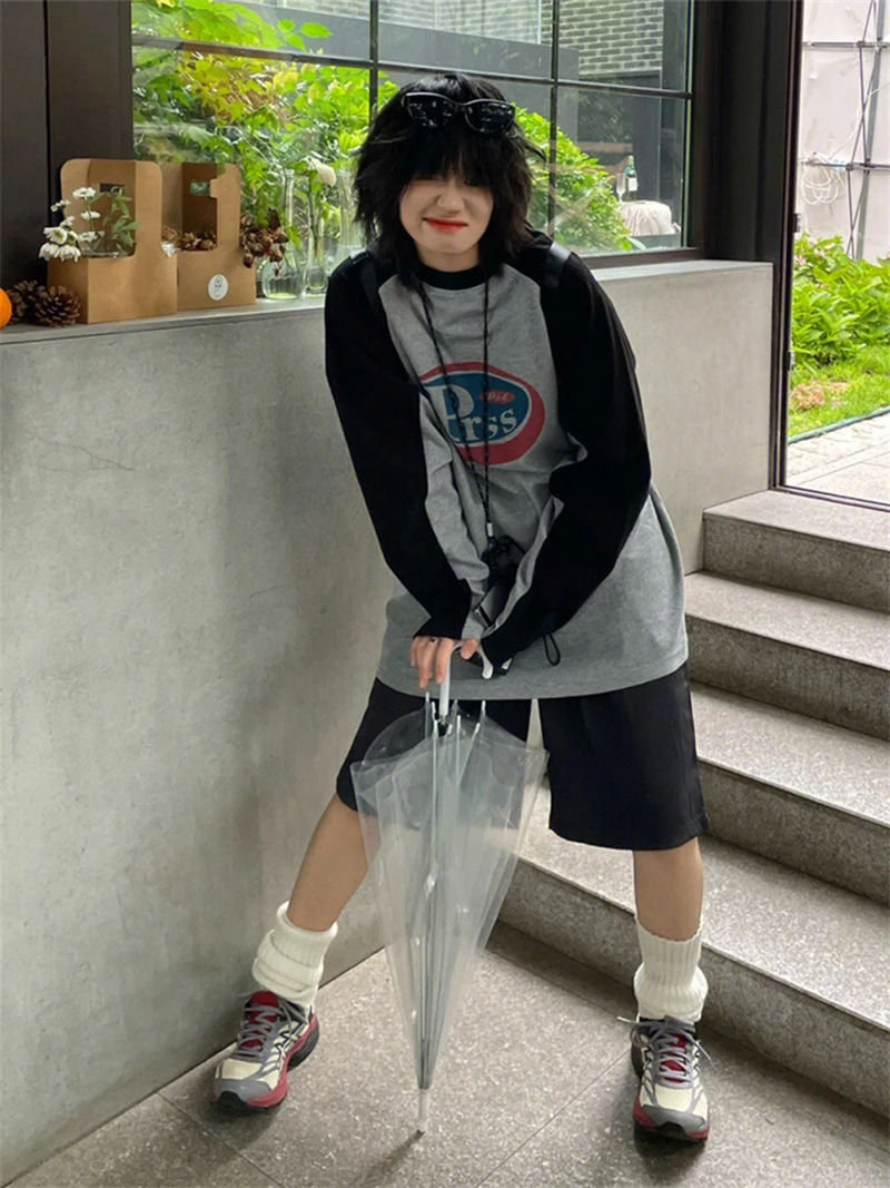 MEXZT Harajuku Gray Long Sleeve T Shirt Women Streetwear Vintage Pullover Sweatshirts Oversized Retro O Neck Patchwork Print Top