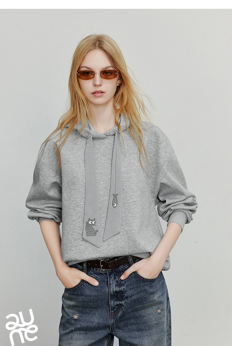 TOYOUTH Women Hoodies Sweatshirt 2025 Autumn New College Style Cat Embroidery Tie Cotton Hooded Pullover Tops