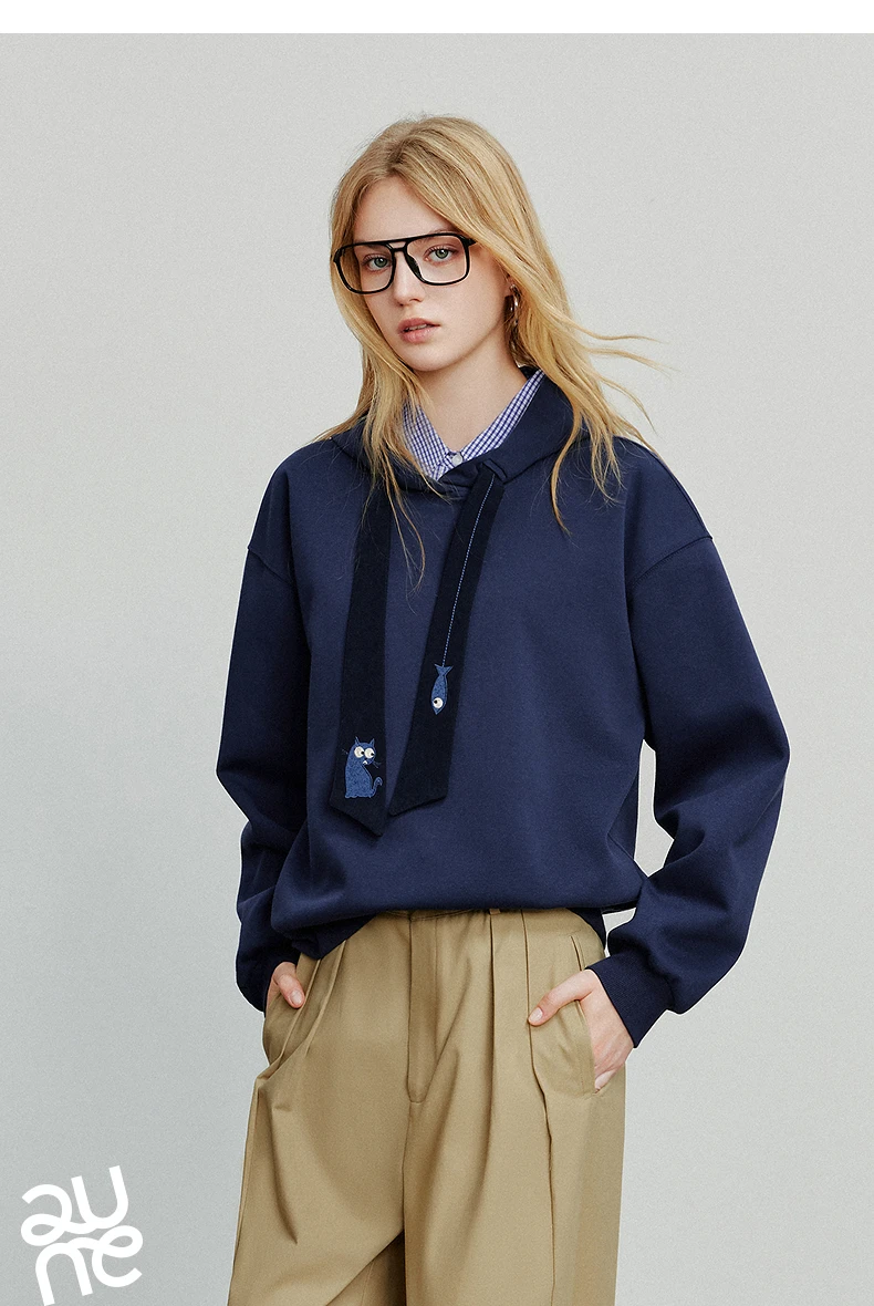 TOYOUTH Women Hoodies Sweatshirt 2025 Autumn New College Style Cat Embroidery Tie Cotton Hooded Pullover Tops