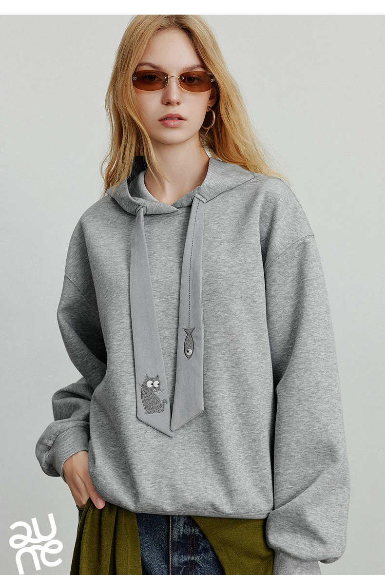 TOYOUTH Women Hoodies Sweatshirt 2025 Autumn New College Style Cat Embroidery Tie Cotton Hooded Pullover Tops