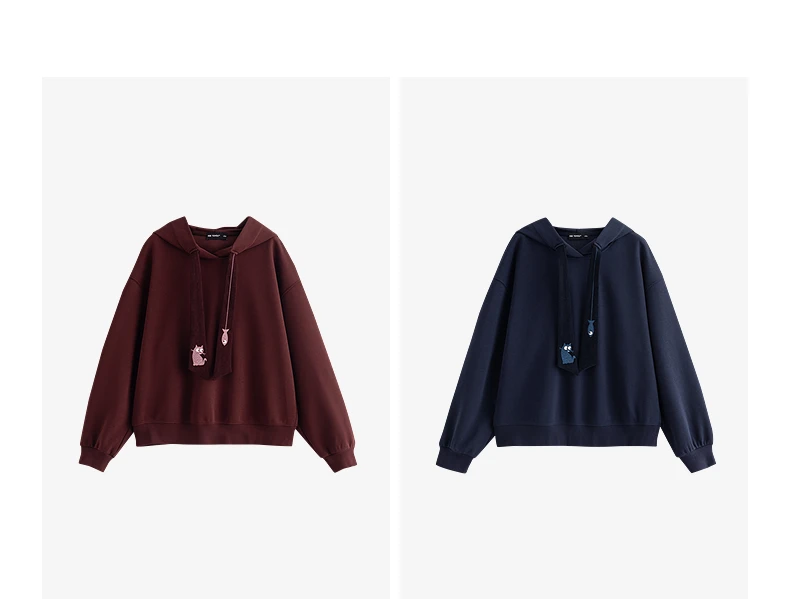 TOYOUTH Women Hoodies Sweatshirt 2025 Autumn New College Style Cat Embroidery Tie Cotton Hooded Pullover Tops