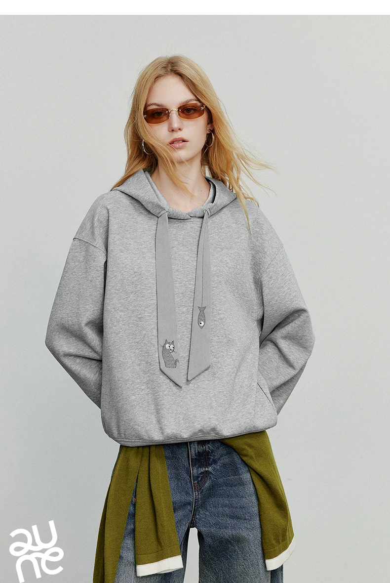 TOYOUTH Women Hoodies Sweatshirt 2025 Autumn New College Style Cat Embroidery Tie Cotton Hooded Pullover Tops