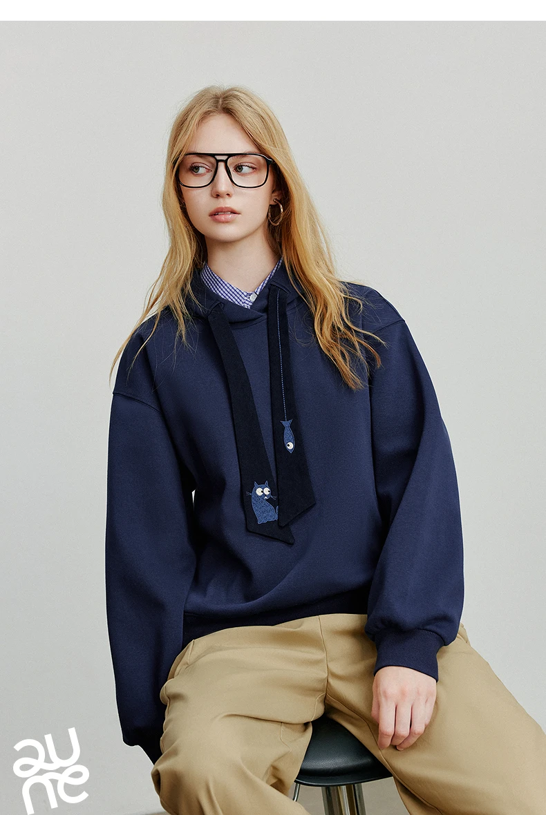 TOYOUTH Women Hoodies Sweatshirt 2025 Autumn New College Style Cat Embroidery Tie Cotton Hooded Pullover Tops