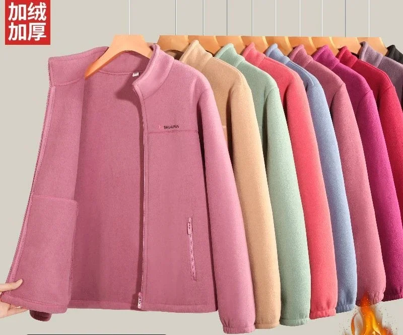 Women Thickened Fleece Winter Jacket Embroidery Zipper Thermal Plush Polar Fleece High Collar Cardigan Coats Outdoor Sweatshirt