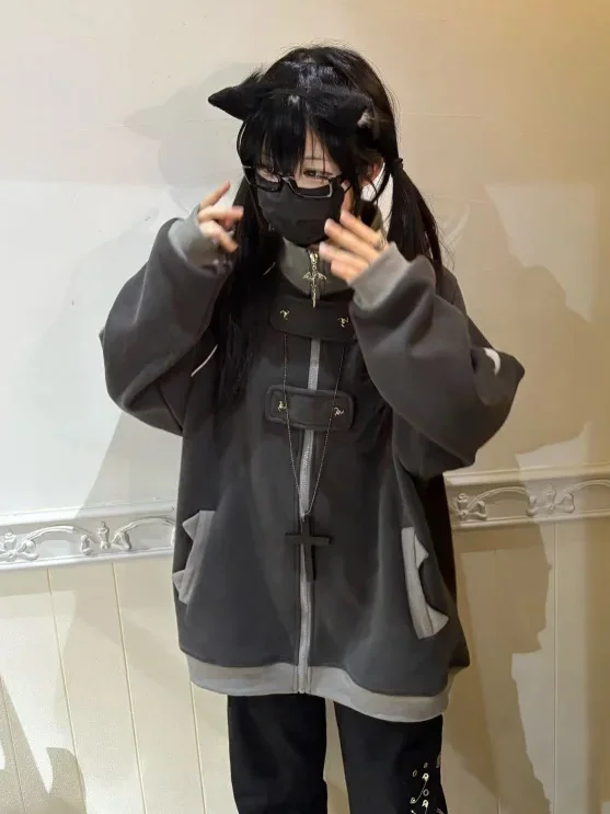 Japanese Subculture Bat Print Stand Collar Loose Sweatshirt  Plush Liner Thickened Winter Clothes Women Zip Up Coat Y2k Top