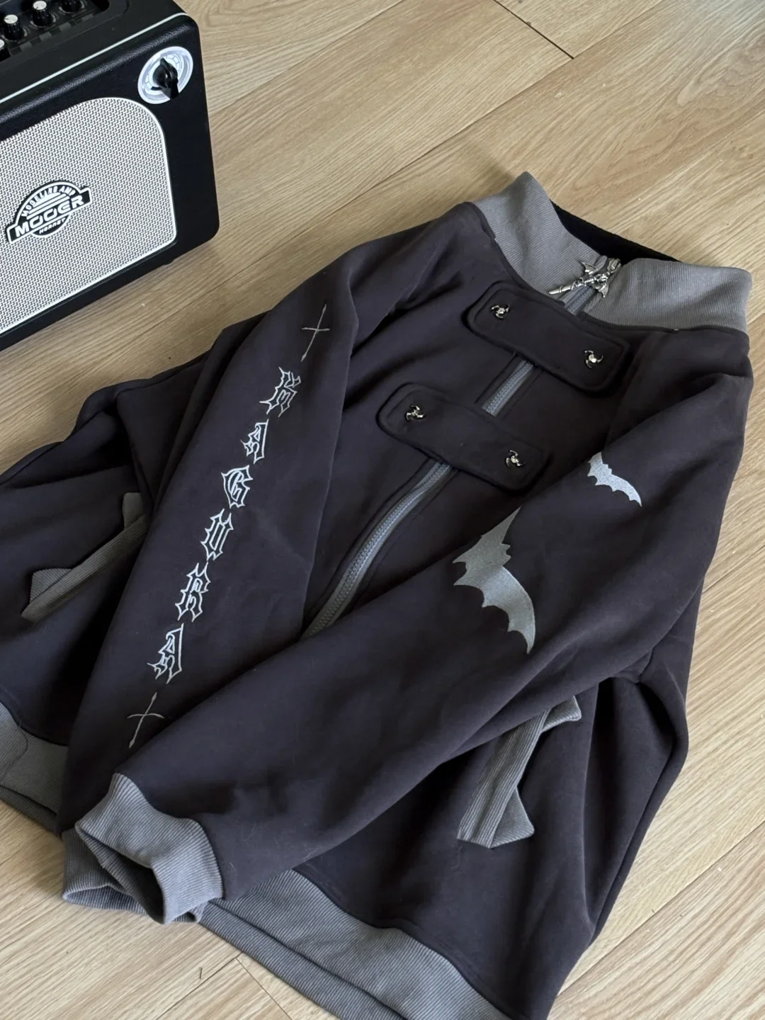 Japanese Subculture Bat Print Stand Collar Loose Sweatshirt  Plush Liner Thickened Winter Clothes Women Zip Up Coat Y2k Top