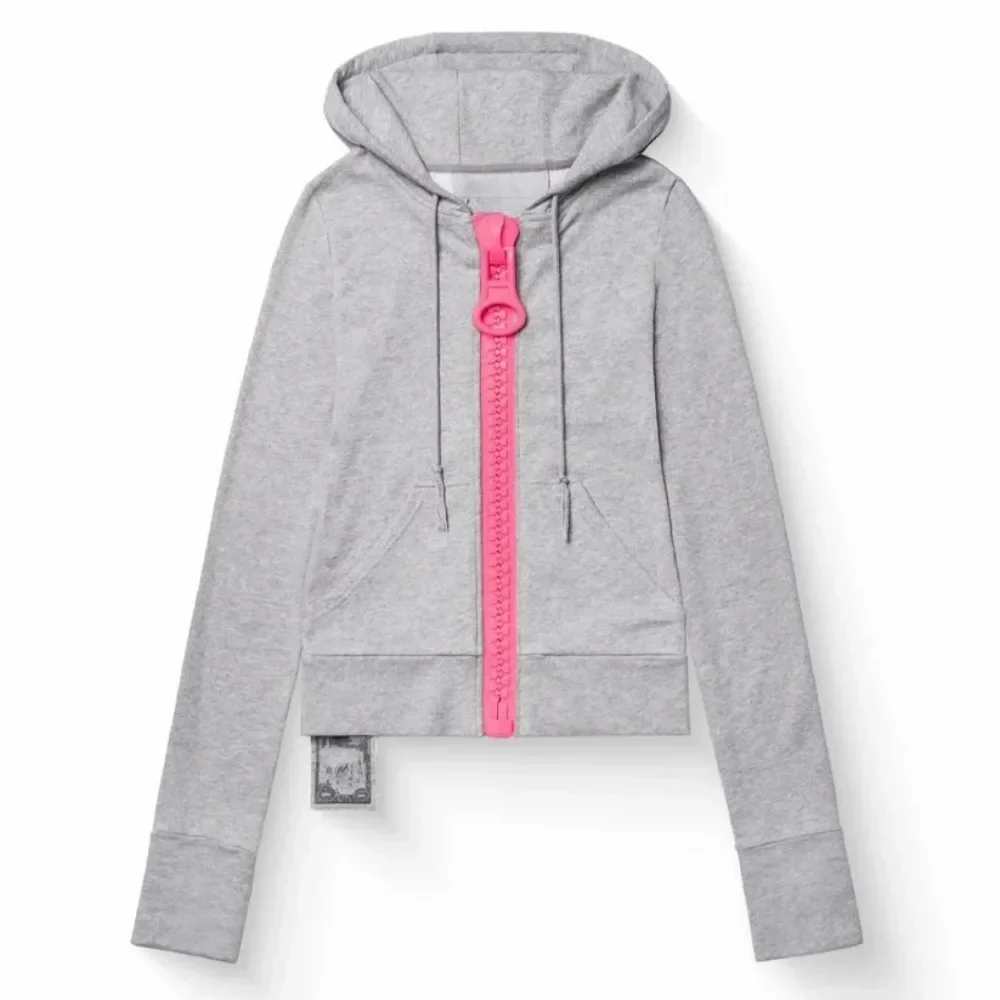 Y2K Fashion Large Zipper Decoration Sweatshirt Women Harajuku Sexy Slim Fit Hood Sweatshirt Goth Light Gray Casual Short Hoodie